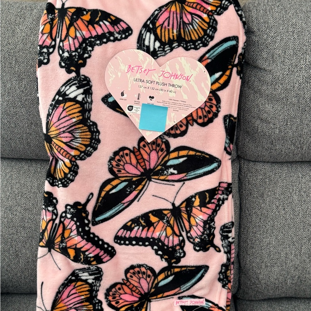 Betsey Johnson Pink and Black Butterfly plush throw blanket